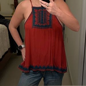 Exote red tank top with teal embroidery